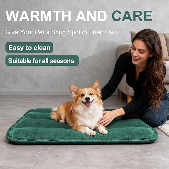 Dog Bed Mat, Reversible Dog Crate Pad with Washable Kennel Mat and Soft Foam, Flat Pet Bed for Dogs & Cats, for Crates Carriers & Travel (Green, 28" L*16" W*1.5" Th)