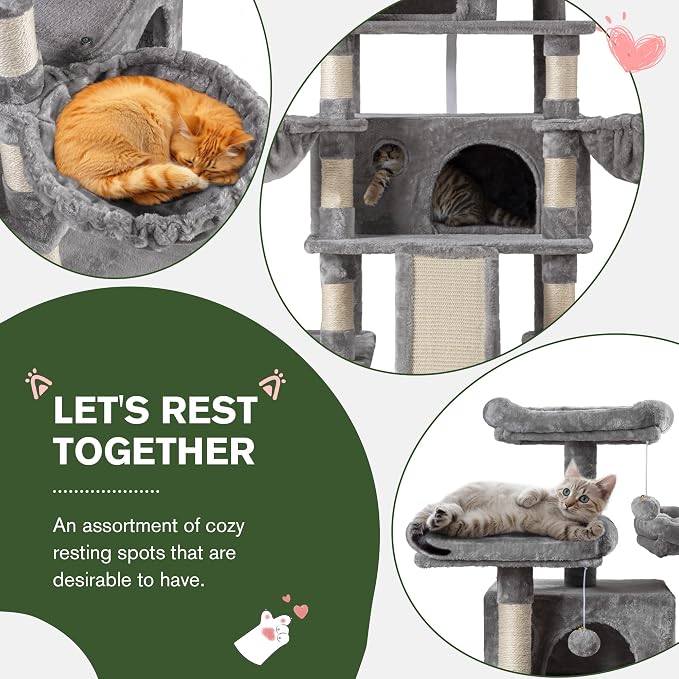 68 Inches Multi-Level Large Cat Tree for Large Kitties/Big Cat Tower with Condo/Cozy Plush Perches/Sisal Scratching Posts and Hammocks/ ‌Feline Activity Center Play House/Grey