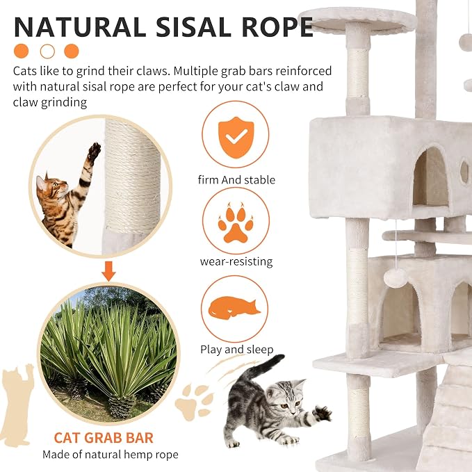BestPet | 70" Cat Tree Tower | Beige | Sturdy Multi-Level Cat Tree | with Plush Condo, Cozy Perch, Sisal Scratching Posts, Hanging Toy and Hammock | Easy Assembly | for Kittens & Adult Cats