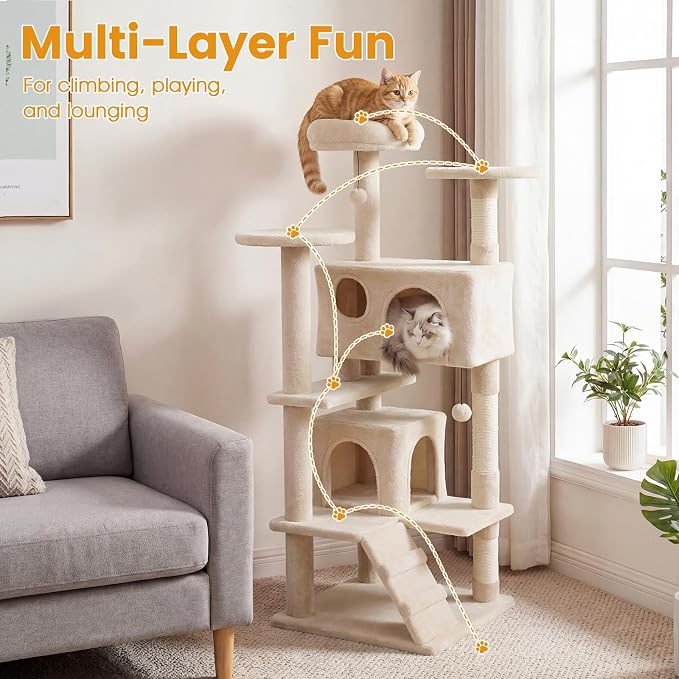 52-inch Cat Tree, Multi-Level Cat Tower with Sisal Scratching Posts, 2 Comfy Condos, Plush Padded Soft Top Perch, Dangling Balls, and Climbing Ladder, Ideal for Indoor Cats (Beige)