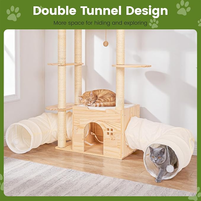 58 Inch Large Solid Wood Cat Tree, Tall Cat Tower for Indoor Cats, Cat Tree House with Double Tunnels, Sisal Scratching Posts, Washable Cushion, Hanging Balls, Natural
