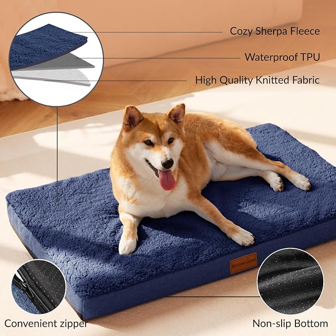 Patas Lague Orthopedic Large Dog Bed Pet Sofa Mat 56''X40'' Navy Blue | Egg-Crate Foam Dog Couch For Large Sized Dogs, Waterproof Removable Washable Cover, Soft Pet Crate Bed With Nonskid Bottom