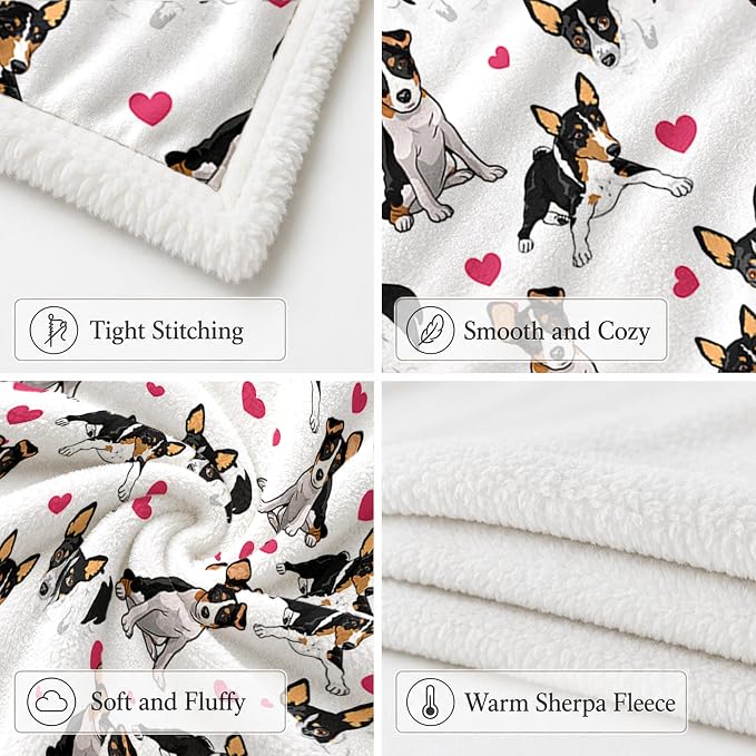 BlessLiving Throw Blanket, White Black Dog Pink Animal, 50x60 Inches | sherpa fleece fabric, Rat Terrier Dense Pet Blankets Puppy print, for couch or sofa, pet lovers, easy machine care
