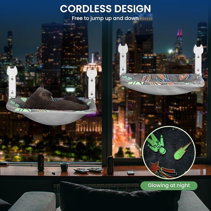 HiPetpy 2-Pack Large Cat Window Perch, Cordless Foldable Cat Hammock | Glow in the dark fabric, removable soft cover, breathable mesh, suction cups, large window cat bed for indoor cats