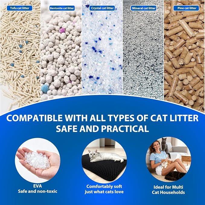 Cat Litter Box Mat,Double-Layer Honeycomb Litter Trap 47"x28" Black | Catches Scattered Particles to Stop Tracking,Waterproof Design Urineproof Base Protects Floors, Easy to Clean, Indoor Cats