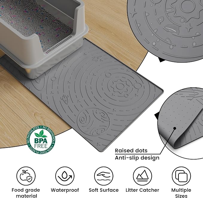 OHMO Cat Litter Mat Small 18.9x11.8in, Dark Grey Silicone Rubber Scatter Control Kitty Litter Box Trapping Mat, Waterproof Easy to Clean, Odorless Pet Supplies, Indoor Cat Essentials