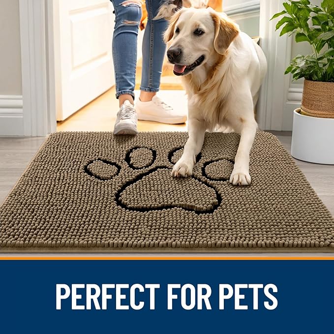 OLANLY Dog Door Mat for Muddy Paws 40x32, Paw Print Design Chenille Mud Mat | Tan, Super Absorbent, Traps Moisture and Dirt, Non-Slip Washable Doormat, Quick-Drying Indoor Entryway Floor Carpet for Dogs