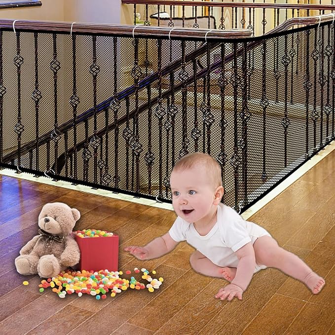 Baby Gate for Stairs, Banister Guard for Kids, Pets, Toys, 10ft L x 2.6 ft H, Mesh Netting Safety Net for Balcony Rail Stair, Stairway Net Baby Safety Products for Indoor & Outdoor (Black)