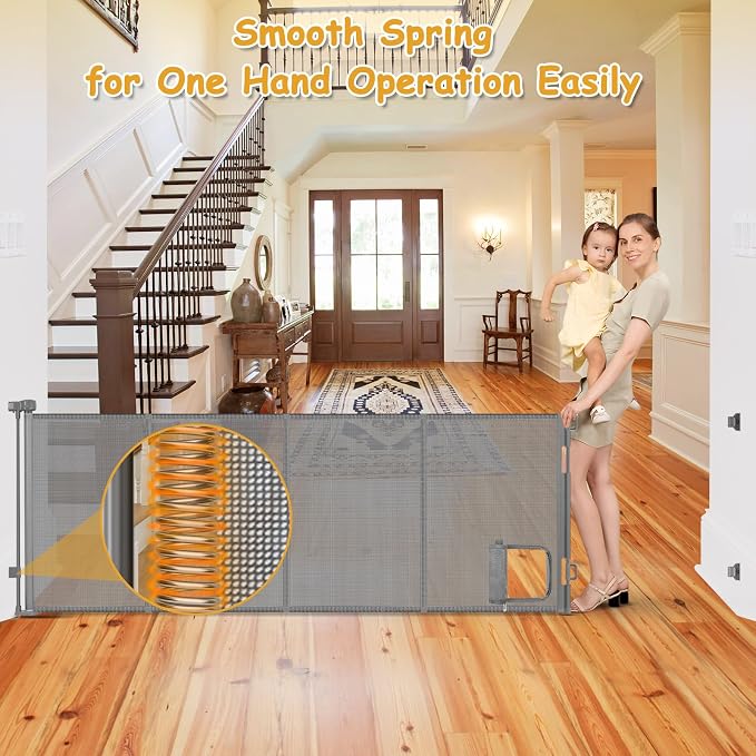 Reinforced 150 Inch Extra Wide Dog Gate with Cat Door 12.5 Ft Extra Long Baby Gates for Large Openings 37” Tall Retractable Pet Gates for Wide Openings Large Pet Gate with Cat Door, Gray