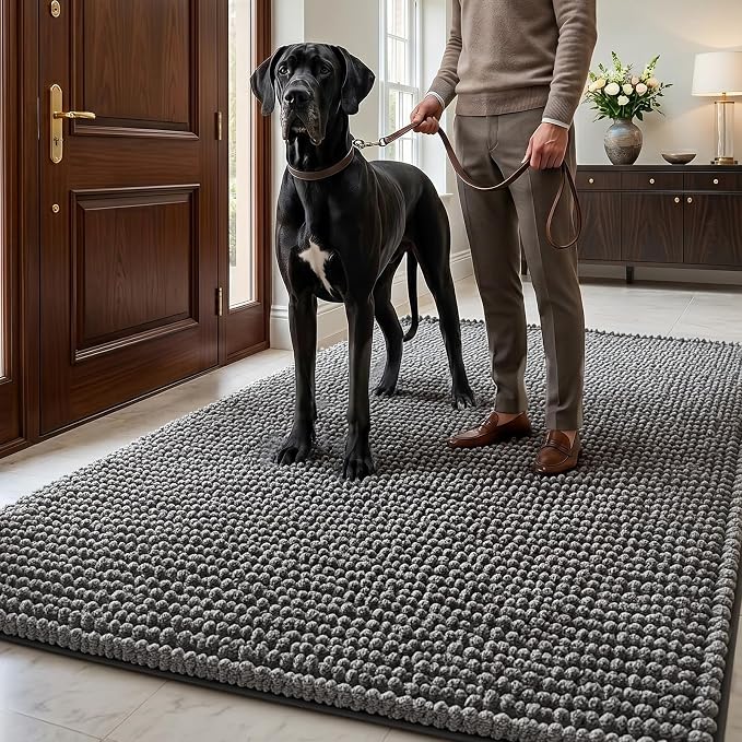 EHEYCIGA Super Absorbent Dog Door Mat for Muddy Paws 60x24 Inch Indoor, Front Doormat Outside Entrance, Quick Dry Chenille Washable Dog Crate Bed, Non-Slip Pet Rug Mud Mat Outdoor Entryway, Grey