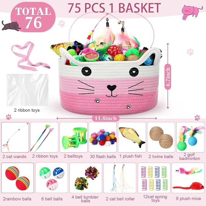 Zopeal 76 Pcs Cat Storage Basket Gift Toys Set Interactive Cat Toys Kitten Wand Colorful Flashing Balls Pet Crinkle Balls Attract Kitten to Swat, Hunt for Pet Indoor(Pink)