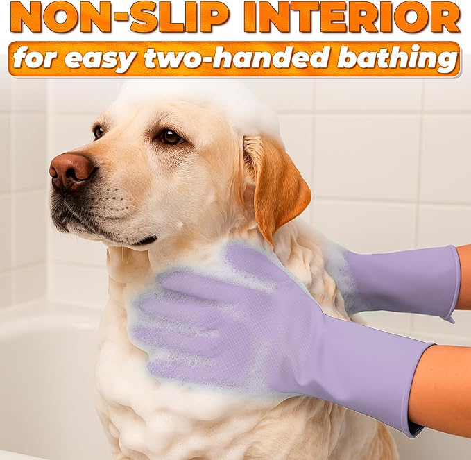 Cat and Dog Washing Gloves, 1 Pair, 11.6", Soft Silicone (Purple) | Dog Shampoo Gloves, Pet Bath & Grooming Mitt, 3000 Soft Bristles, Removes Loose Hair, Saves Shampoo, Massage, Wet or Dry