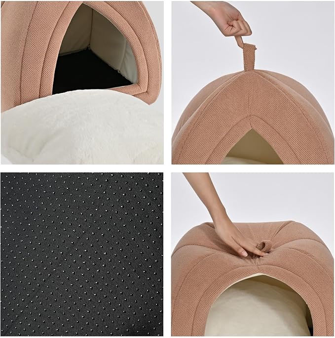 Amazon Basics Cat Cave Bed, 2-in-1 Foldable House for Indoor Cats, with Washable Cushion and Non-Slip Base, 17.5 x 17.5 Inches, Large, Pink