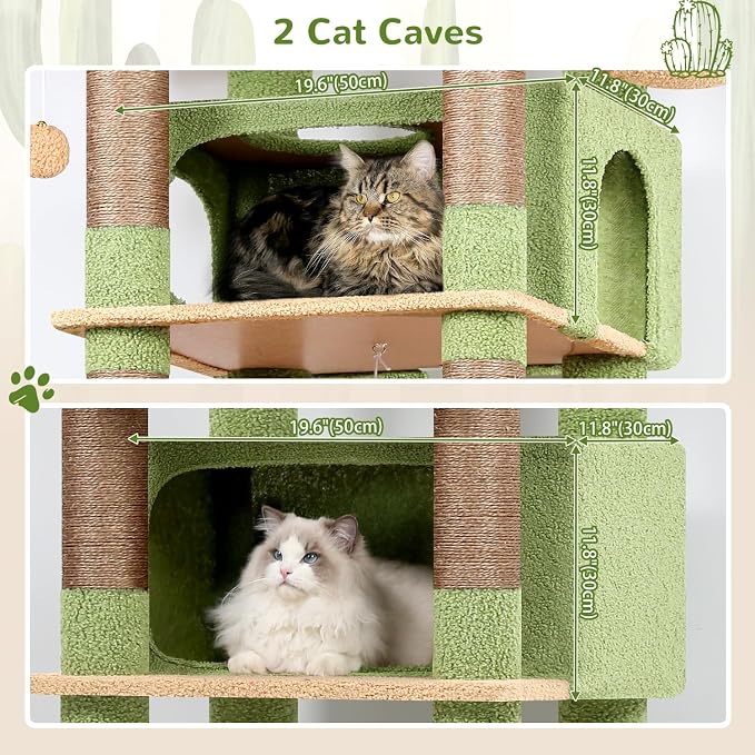 Globlazer Cactus Giant Tall Heavy Duty Cat Tower for Indoor Large Cat, F83B | XXL Multi-Level Large Cat Condo with 8 Scratching Posts, Hammock, 2 Cat Caves, 2 Platform, Green