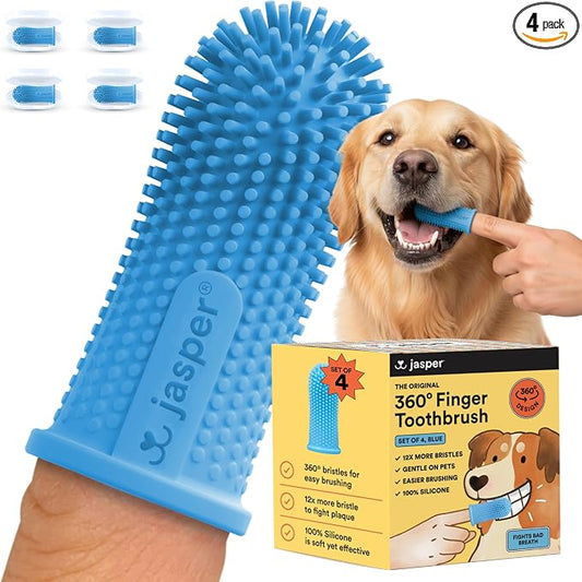 Jasper Dog Toothbrush, 360 Degree Dog Tooth Brushing Kit, Cat Toothbrush, Canine Dental Care & Teeth Cleaning Kit, Pet Finger Tooth Brush, Use with Pet Toothpaste, 4-Pack Blue