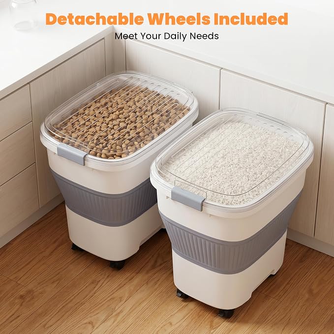 50 Lbs Rice Container, Collapsible Dog Food Storage Container | Airtight Cat Food Container with Wheels, Transparent Lid, Measuring Cup, Scoop, BPA Free for Pet Food, Grain, Bird Seed