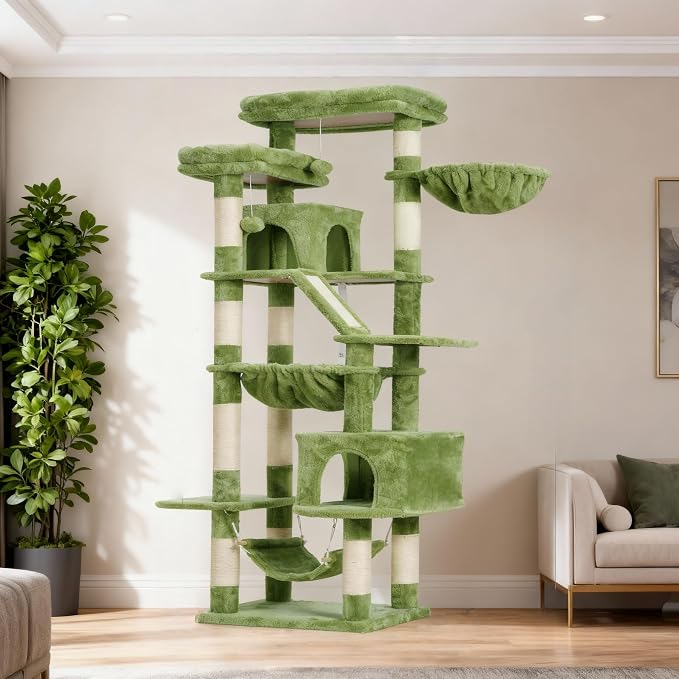 Heybly Cat Tree, 71-Inch-Tall Tower for Indoor Cats with 2 Perches HCT034GR | Large Cat Furniture with 2 Big Condos, 2 Hammocks, Basket, Scratching Pad, Multi-Level Cat Condo, Green