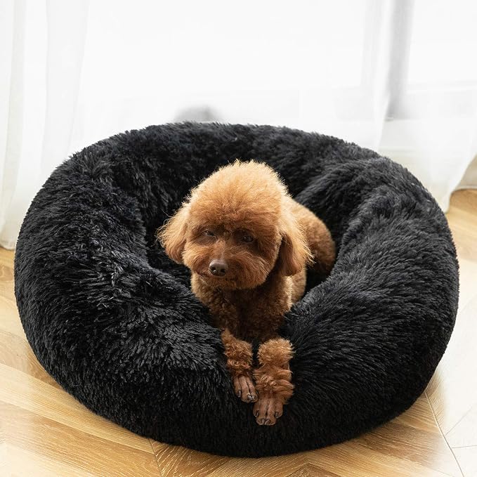HACHIKITTY Calming Donut Cuddler Dog Bed, Round Fluffy Pet Bed for Small Dogs,Washable, Large, Black, 24''