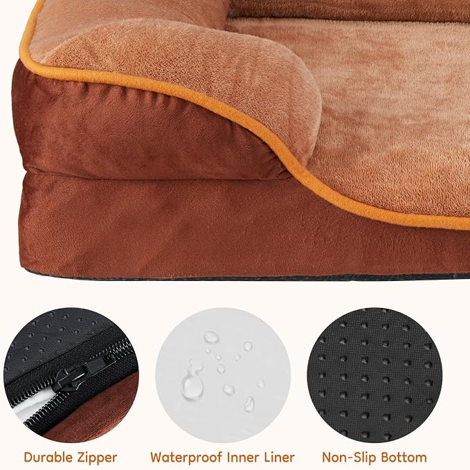 DUMOS Orthopedic Dog Beds for Large Sized Dogs, 42x32 in Machine Washable Cover Pet Bed, Anti-Slip Waterproof Memory Foam Couch Bed for Indoor Dogs and Cats, Brown