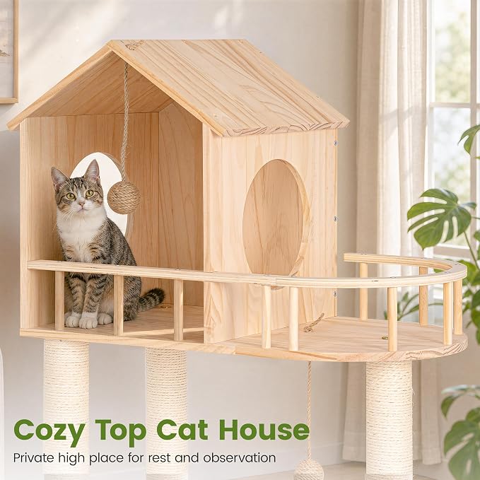 58 Inch Large Solid Wood Cat Tree, Tall Cat Tower for Indoor Cats, Cat Tree House with Double Tunnels, Sisal Scratching Posts, Washable Cushion, Hanging Balls, Natural