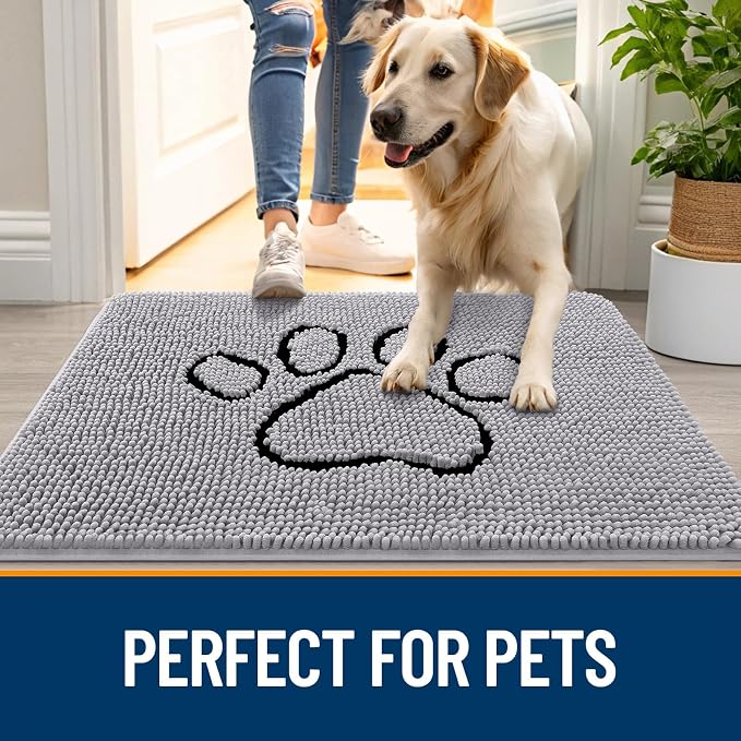OLANLY Dog Door Mat for Muddy Paws 48x30, Paw Print Design Chenille Mud Mat | Light Grey, Absorbent, Traps Moisture and Dirt, Non-Slip Washable Doormat, Quick-Drying Indoor Entryway Floor Carpet for Dogs