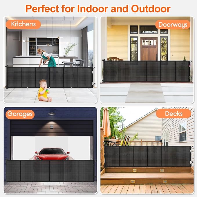 Upgrade 150 inch Retractable Baby Gates, EZIGO Extra Wide Baby Gate for Large Opening Extra Long Mesh Gate for Kids or Pet Dog Gate Child Safety Gate for Stairs Hallways Doorway Indoor Outdoor, Black