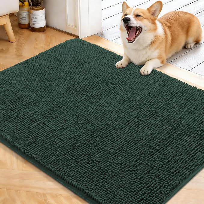 OLANLY Dog Door Mat for Muddy Paws 40x32, Super Absorbent Chenille Mud Mat | Blackish Green, Absorbs Moisture and Dirt, Non-Slip Machine Washable Doormat, Quick-Dry Indoor Entryway Floor Carpet for Dogs