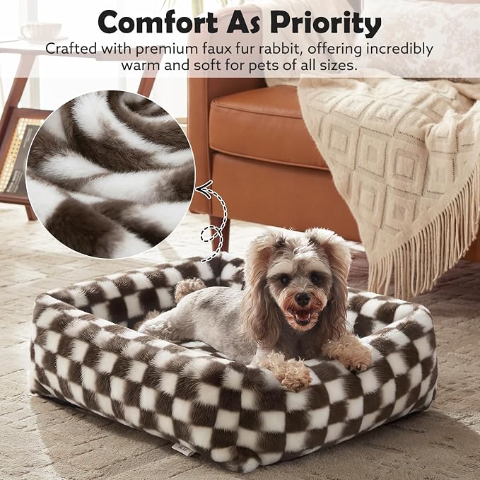 JOEJOY Large Dog Beds Large Sized Dog, Removable Washable Cover Orthopedic Soft Faux Rabbit Fur Pet Bed, Anti-Slip Fluffy Plush Faux Rabbit Fur Puppy Bed, 36"x27"x8", Checkered, Brown