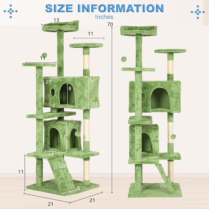 FDW | 70" Cat Tree Tower | Green | Multi-Level Indoor Activity Center with Sisal Scratching Posts, Condos, Plush Perches, Hanging Cat Toys | Sturdy, Easy to Assemble | for Kittens & Adult Cats