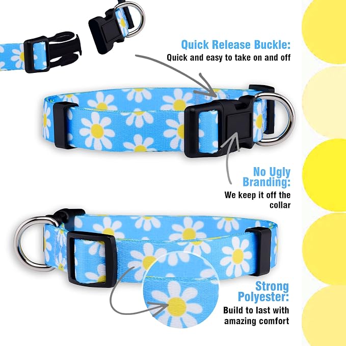 Native Pup Flower Dog Collar, Adjustable Small Medium Large, Cute Girl Female Summer Spring Pretty Designer Puppy Essentials Accessories, Pink Floral Blue Daisy Rose (Medium, Blue Daisy)