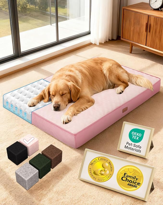 OhGeni Orthopedic Waterproof Dog Bed for Large Dogs, Machine-Washable Removable Cover in Easy-Clean Fabric, Reversible Memory Foam & Easy-Carry Handle, Suitable for Crate, 41 inch (Pink)