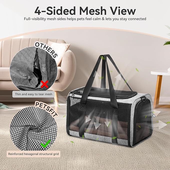 PETSFIT Soft-Sided Cat Carrier with Patented Safety Buckles, Lockable Zippers & Safety Tether,Escape-Resistant Travel Pet Carrier for Car Rides & Vet Visits, Airline Approved Under-Seat, Up to 12 lbs