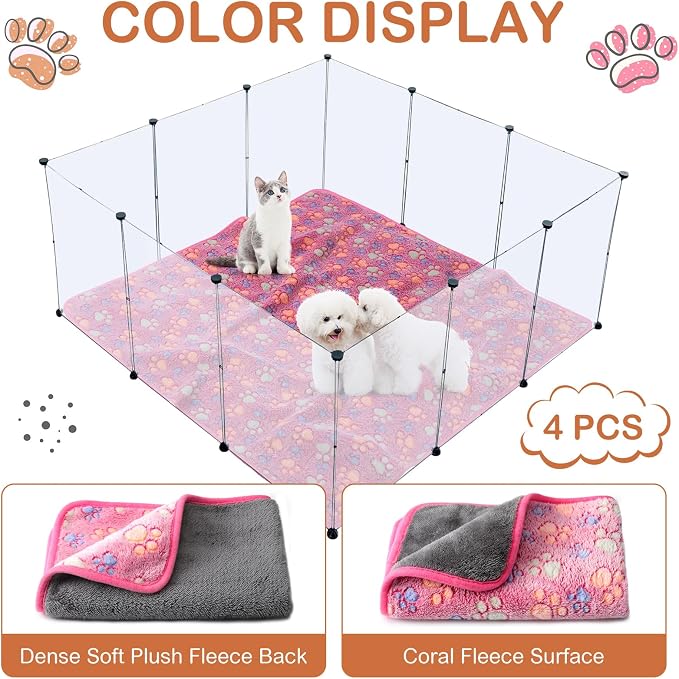 Panelee 36 x 36 Inch 4 Pcs Washable Dog Blankets Waterproof Cute Paw Print Fleece Blanket Reusable Puppy Blankets for Small Medium Pet Cat Whelping Warm Soft Mat Guinea Pig Cage Liners
