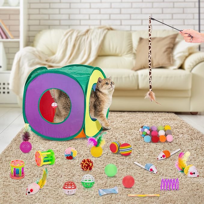 Retro Shaw 33 Pack Cat Toys for Indoor Cats, Collapsible Kitty Tunnel Tent with Feather Teaser Wand, Springs Balls Bell Mouse Interactive Kitten Hideaway Playhouse 15.7 Inches