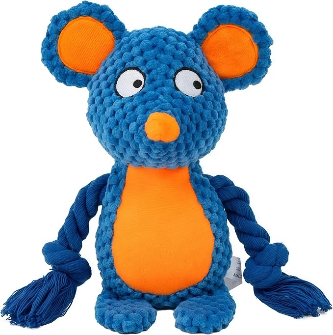 Plush Mouse Dog Toy – Durable Squeaky Toy with Rope Arms for Chewing & Tug of War | Soft Textured Stuffed Animal Toy for Small & Medium Dogs | Interactive & Cute Pet Gift