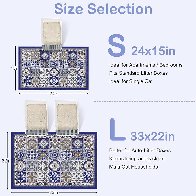 24"x15" Cat Litter Mat Waterproof Non-Slip Litter Trapping Pad | Soft Mesh Litter Box Mat With A Decorative Pattern Captures Scatter Effectively To Keep Floors Clean And Tidy