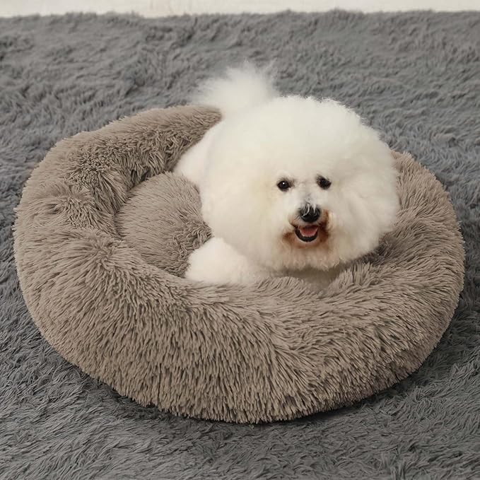 HACHIKITTY Calming Donut Cuddler Dog Bed, Round Fluffy Pet Bed with Sewn-in Cushion for Large Dogs,Washable, Large, Taupe, 23''