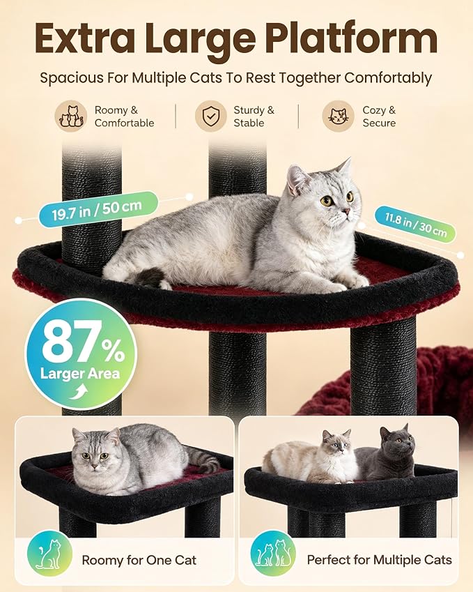 Cat Tree Tower for Large Cats Adult - 60 Inch XXL Sturdy Heavy Duty Extra Wide Scratching Posts (φ4.4in) Condo - Indoor Big Cat House Hammock Perch - XL Wood Multi Level Feline Pet Bed Trees Houses