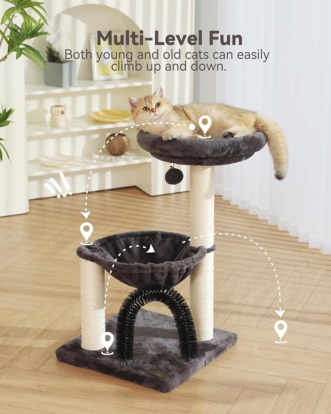 Cat Tree Tower for Indoor Cats, 27.8 Inches Multi-Level Cat Tree with Scratching Posts Plush Basket & Perch for Play Rest, Cat Activity Tree with Dangling Ball for Kittens/Small Cats