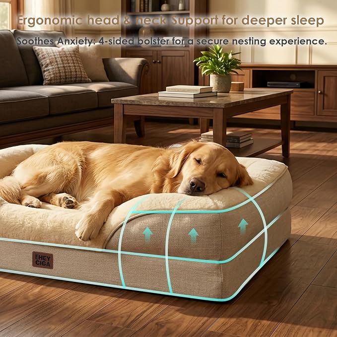 EHEYCIGA Orthopedic XL Dog Bed for Large Sized Dog, 42x30 Inch Extra Large Memory Foam Dog Couch Bed with Sides, Waterproof Liner & Washable Removable Cover, Bolster Pet Sofa, Beige