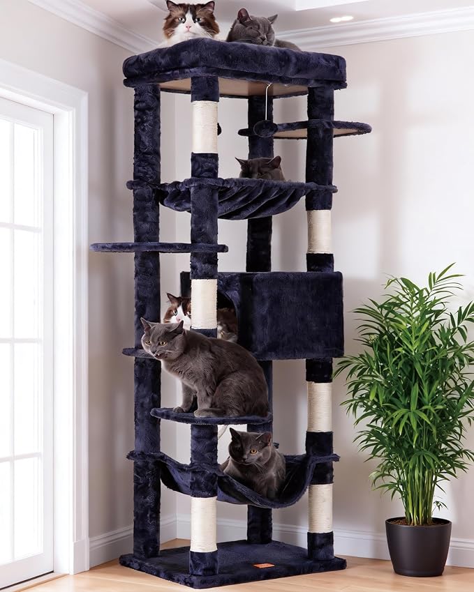 Heybly Cat Tree for Large Cats 20 lbs, 69 inches Cat Tower HCT031G | Heavy Duty Cat Condo for Indoor Cats, Multi-Level Furniture with Big Padded Plush Perch, Cozy Basket, Smoky Gray