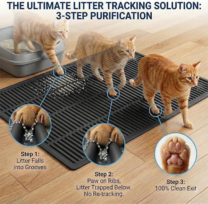 Heavy-Duty Cat Litter Mat: 10,000 Scratch Motions Tested | XL Extra-Thick Silicone Mat - No Holes for 3 Years