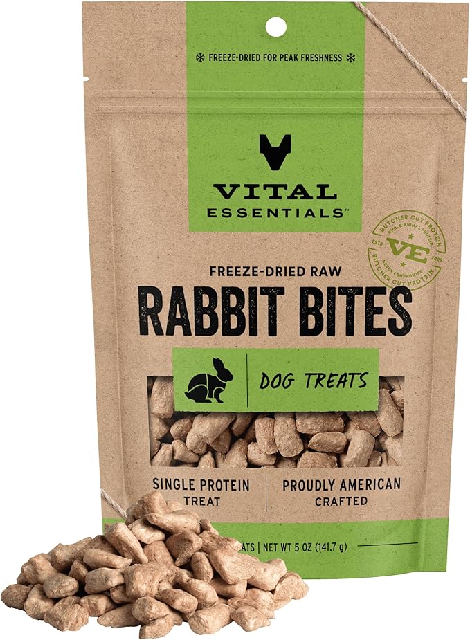 Vital Essentials Freeze Dried Dog Treats, Rabbit Bites, 5 oz Bag | Single Ingredient, Premium Quality Protein, Grain-Free Training Treats, USA Made with U.S. & Globally Sourced Ingredients