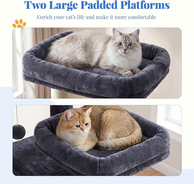 Hey-brother Cat Tree, Multi-Level Tower with 3 Condos, Hairbrush, MPJ035-MG | 74 Inches XL Large Scratching Posts for Indoor Cats and Kittens, 2 Wide Platforms, 2 Plush Baskets, Toy Balls, Smoky Gray