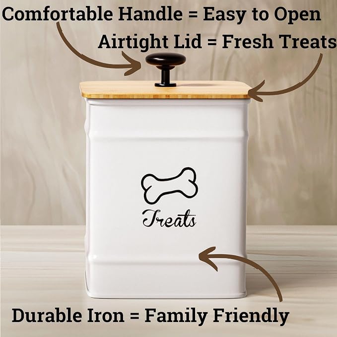 Dog Treat Container with Airtight Bamboo Lid, 5"W x 7"H, 7 Cup Capacity | Fits Most Popular Treats, 7 Cups Capacity, Airtight Bamboo Lid, Easy Open Metal Lid Handle, Dent-Resistant Durable Metal