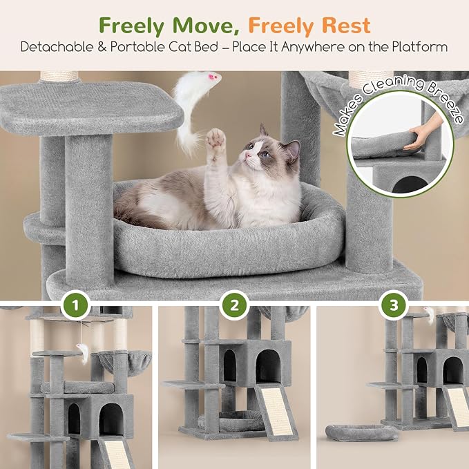 Globlazer Tall Cat Tree for Indoor Large Cats, 75 inch, F75C, Light Grey | Multi-Level Cat Tower, 2 Large Platforms, 2 Oversized Cat Condos, 5 Scratching Posts, Scratching Board, Removable Pet Bed