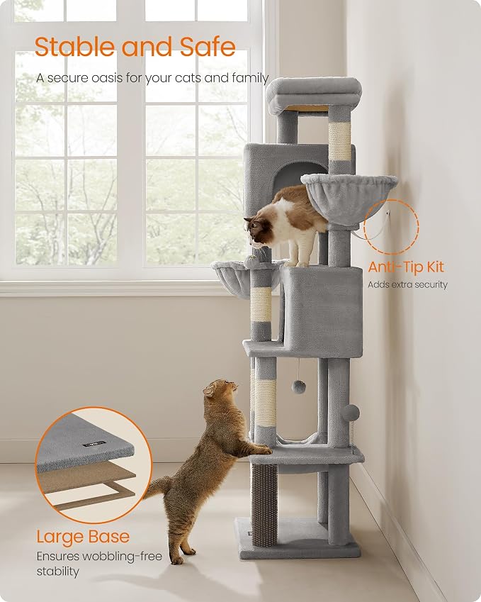 Feandrea Cat Tree, 69-Inch Tall Cat Tower, Multi-Level Plush Condo with 2 Caves, 2 Baskets, 5 Scratching Posts, Self-Groomer, Perch, Hammock, Dove Gray UPCT182G01