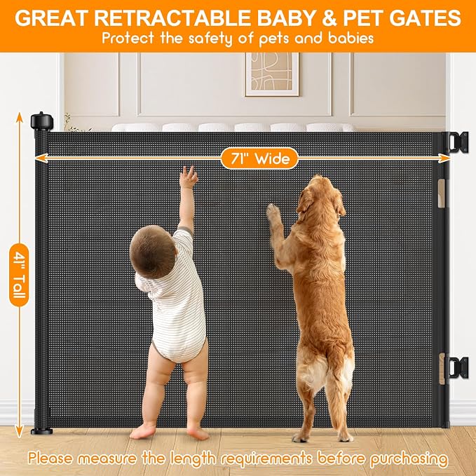 71 Inch Retractable Baby Gates Extra Wide, 41 Inch Reinforced Extra Tall Gate Mesh Safety Gate for Kids Pets, Retractable Dog Gate Baby Retractable Gate for Stair Hallway Doorway Indoor Outdoor, Black