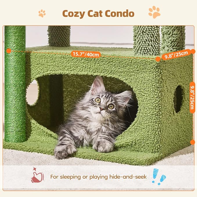 Taoqimiao Cactus, Cat Tree, 38.5In Cat Tower for Indoor Cats, for Kittens | Thick Padded Top Perch, Luxurious Cat Condo, Adjustable Basket, 1-Piece Ramp Scratcher, 3 Natural Sisal Posts, MS029ST