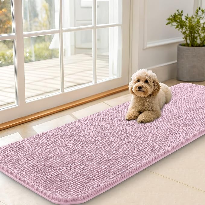 OLANLY Dog Door Mat for Muddy Paws 59x20, Super Absorbent Chenille Mud Mat | Dusty Rose, Absorbs Moisture and Dirt, Non-Slip Machine Washable Doormat, Quick-Drying Indoor Entryway Floor Carpet for Dogs